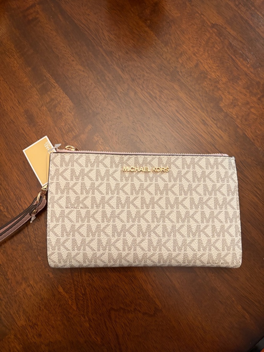 Michael Kors Beige Logo Wristlet with Gold Hardware